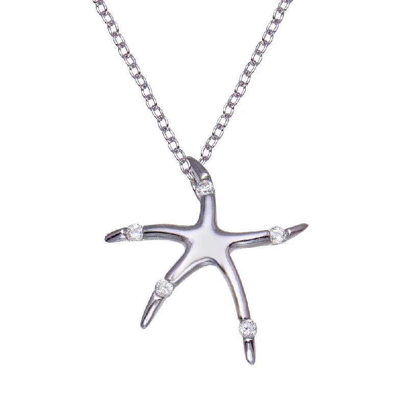 Necklaces and pendants with engraved messages for a deeply personal, sentimental gift-Silver 925 Rhodium Plated Clear CZ Starfish Pendant Necklace - STP00759