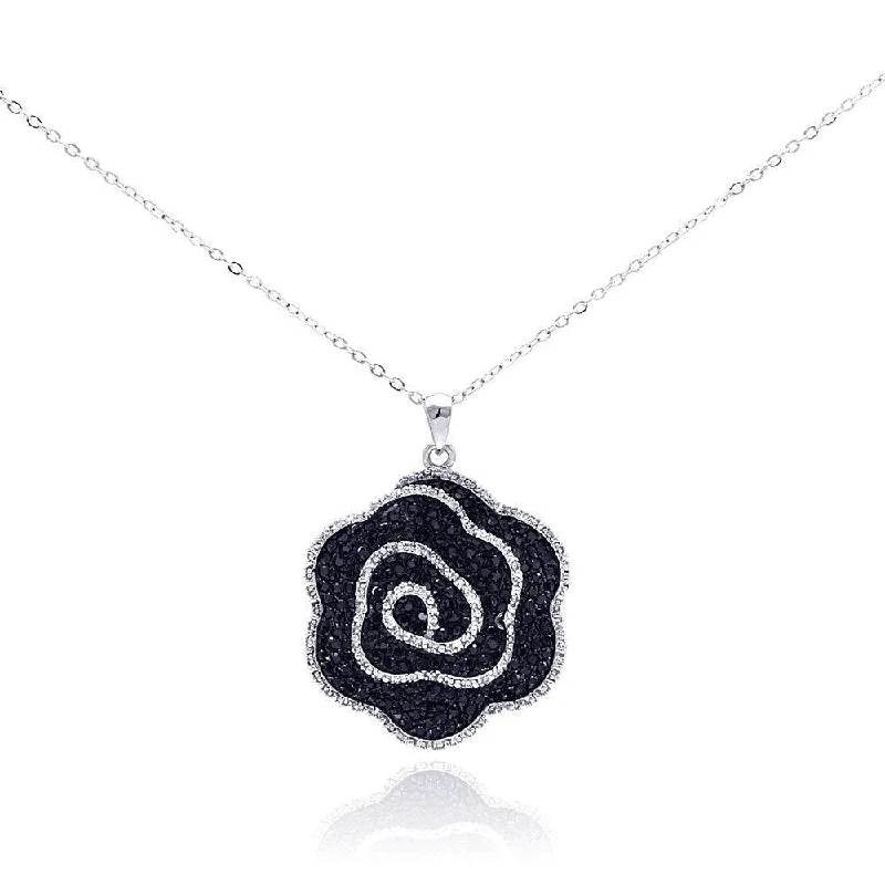 Best necklaces and pendants for weddings with matching designs for bride and groom-Clearance-Silver 925 Rhodium Plated Black and Clear CZ Covered Flower Necklace - BGP00286