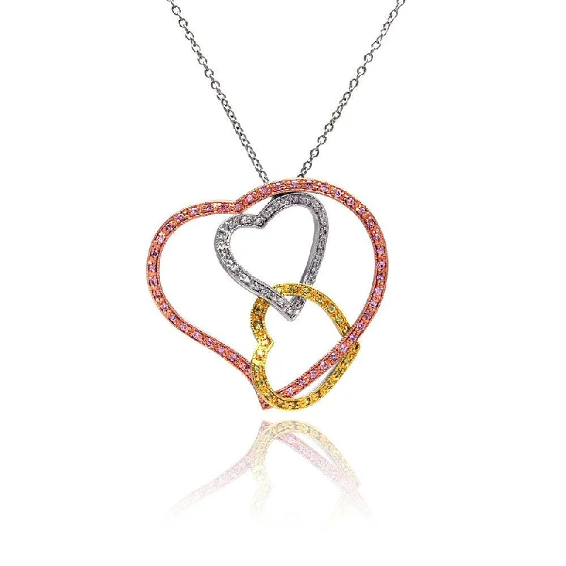 Best necklaces and pendants with black diamonds for an edgy, bold statement-Clearance-Silver 925 3 Toned Open Layered Heart Multi Colored CZ Pendant Necklace - BGN00011