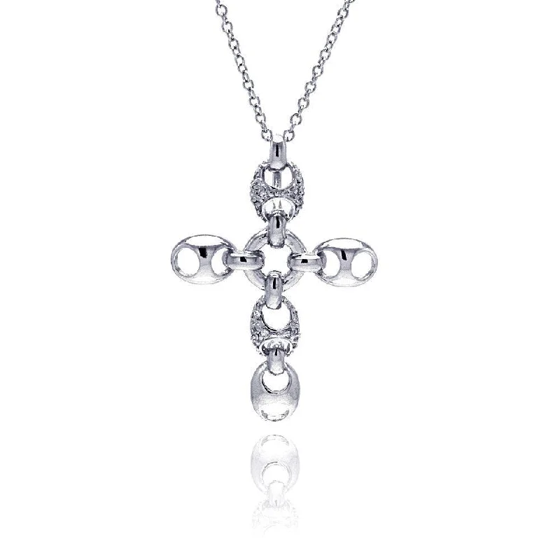 Best necklaces and pendants with heart-shaped lockets for a sentimental keepsake-Clearance-Silver 925 Rhodium Plated Open Oval Clear CZ Cross Pendant Necklace - BGN00027