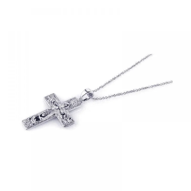 Best necklaces and pendants with opal gemstones for an iridescent glow-Silver 925 Rhodium Plated Clear CZ Cross Pendant Necklace - STP00721