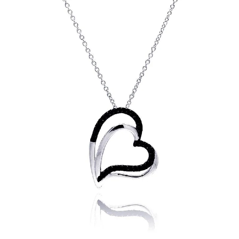 Beautiful necklaces and pendants with diamond halo settings for extra brilliance-Silver 925 Black Rhodium and Rhodium Plated Double Black Heart CZ Necklace - BGP00181