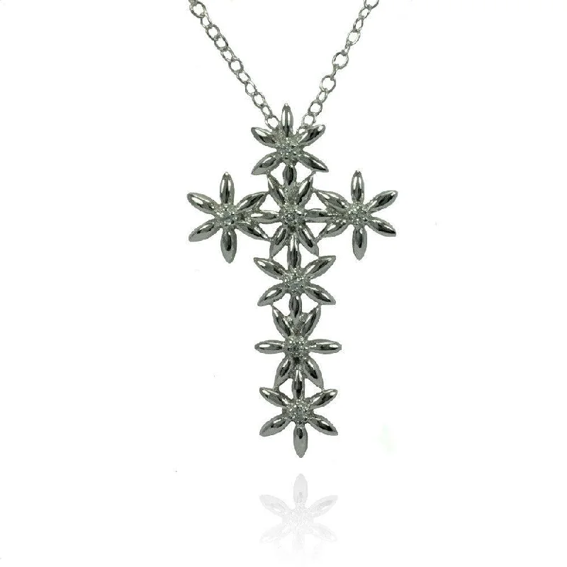 Best necklaces and pendants with matching rings for a coordinated jewelry set-Silver 925 Rhodium Plated Flower Cross CZ Inlay Necklace - BGP00794