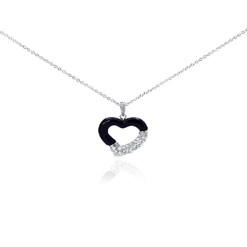 Best necklaces and pendants with glowing moonstone for an ethereal glow-Clearance-Silver 925 Rhodium Plated Open Heart Black Onyx Clear CZ Necklace - BGP00292