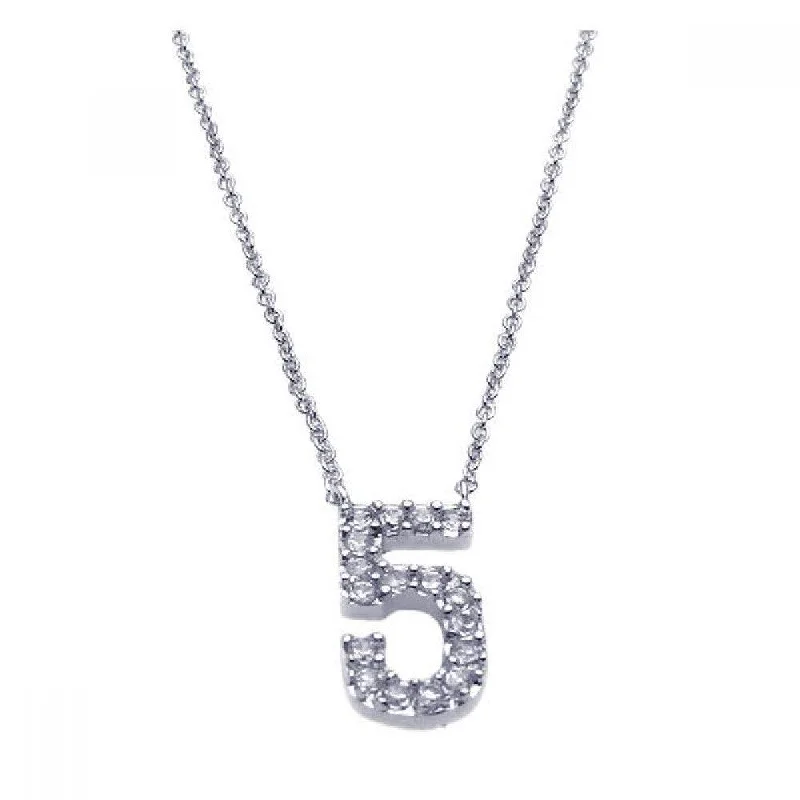 Beautiful necklaces and pendants with gemstone teardrops for an elegant effect-Silver 925 Rhodium Plated Clear CZ Number 5 Pendant Necklace - STP00832