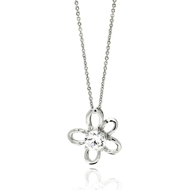 Necklaces and pendants with lotus flower designs for a spiritual, peaceful vibe-Clearance-Silver 925 Rhodium Plated Open Flower Center CZ Necklace - BGP00565