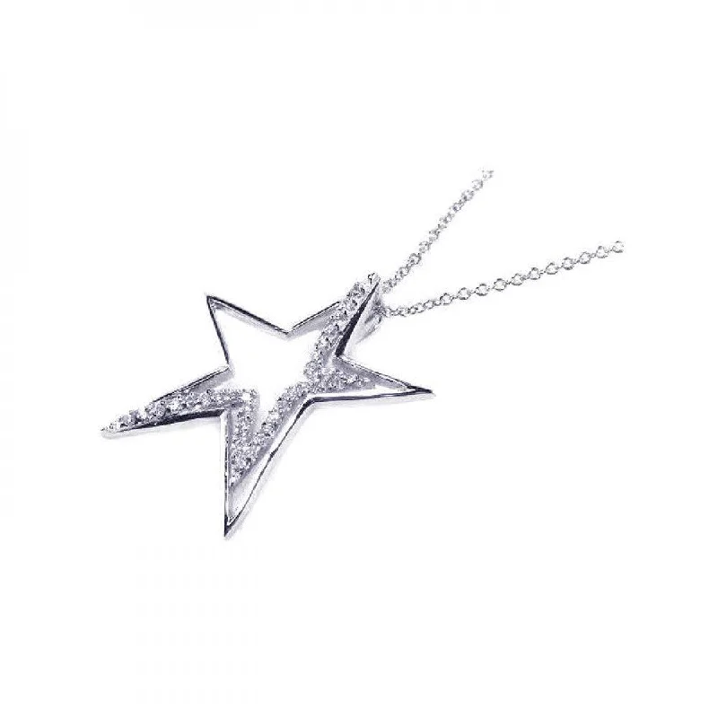 Beautiful necklaces and pendants with natural stones for an earthy, organic vibe-Silver 925 Clear CZ Rhodium Plated Star Pendant Necklace - BGP00042