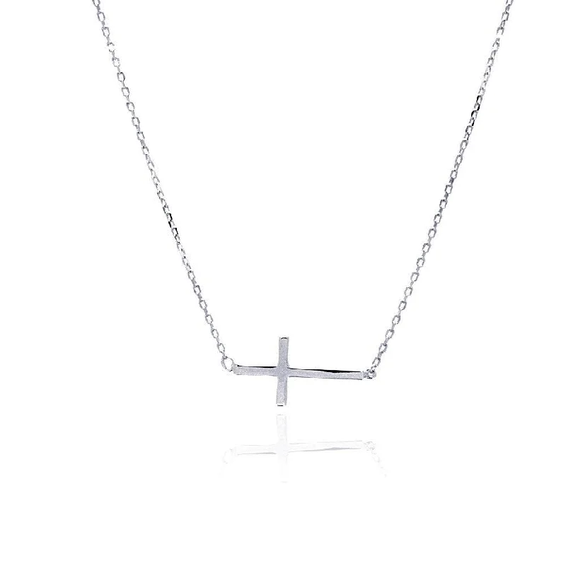 Best necklaces and pendants for weddings with matching designs for bride and groom-Silver 925 Rhodium Plated Sideways Cross Necklace - BGP00492