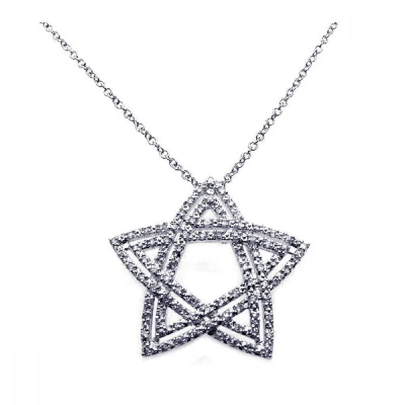 Best necklaces and pendants with seashell designs for a tropical, beachy vibe-Clearance-Silver 925 Rhodium Double Open Star CZ Necklace - BGP00214