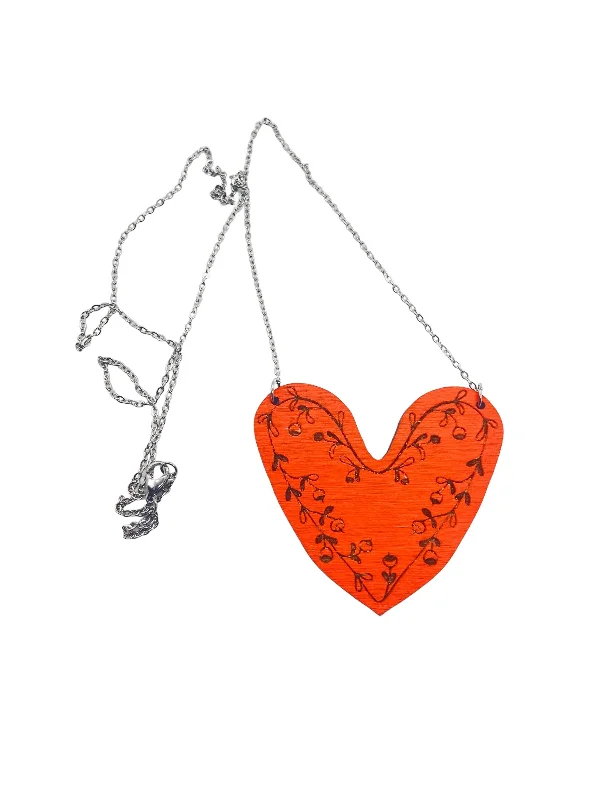 Beautiful necklaces and pendants with natural stones for an earthy, organic vibe-Red Heart Statement Necklace with Engraved Ornament