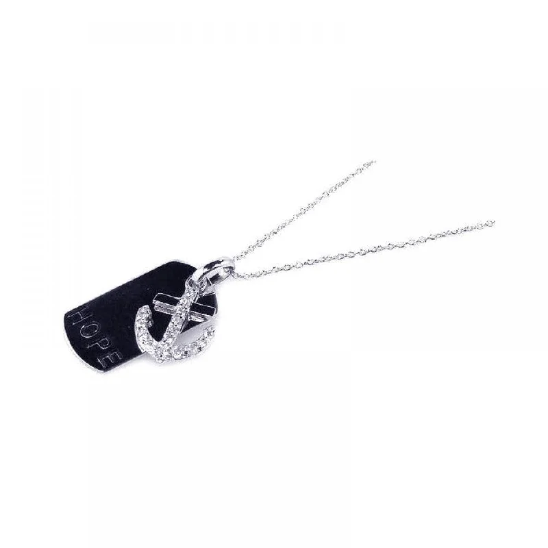 Unique necklaces and pendants with gemstones for a colorful and vibrant statement-Silver 925 Rhodium Plated Clear CZ Anchor Black Dogtag Pendant Necklace - STP00754