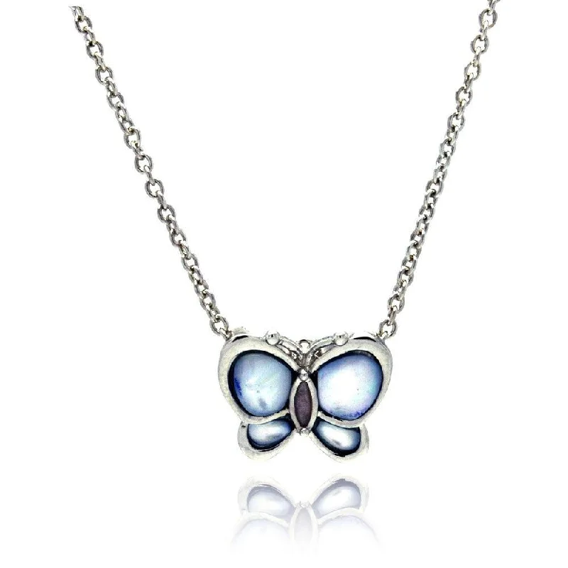 Unique necklaces and pendants with artistic shapes for a creative, one-of-a-kind design-Clearance-Silver 925 Rhodium Plated MOP Blue Butterfly Pendant Necklace - STP00023-BLU