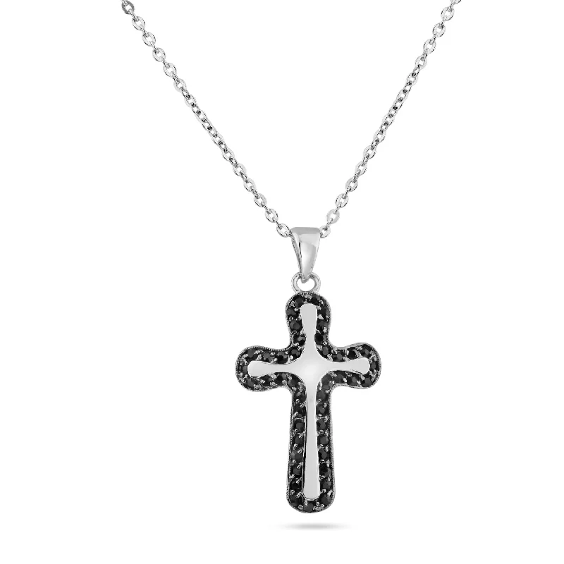 Beautiful necklaces and pendants with diamond-encrusted designs for maximum sparkle-Clearance-Silver 925 Rhodium Black Onyx Cross CZ Necklace - BGP00191