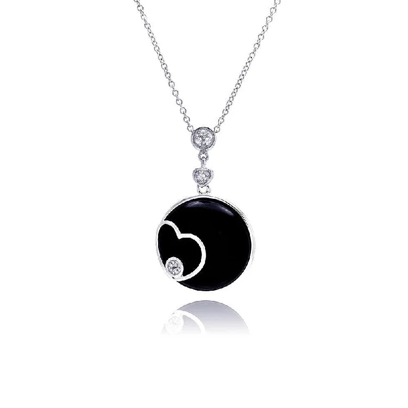 Necklaces and pendants with zodiac constellation designs for an astrological touch-Clearance-Silver 925 Rhodium Black Round Onyx Heart Outline CZ Necklace - BGP00230