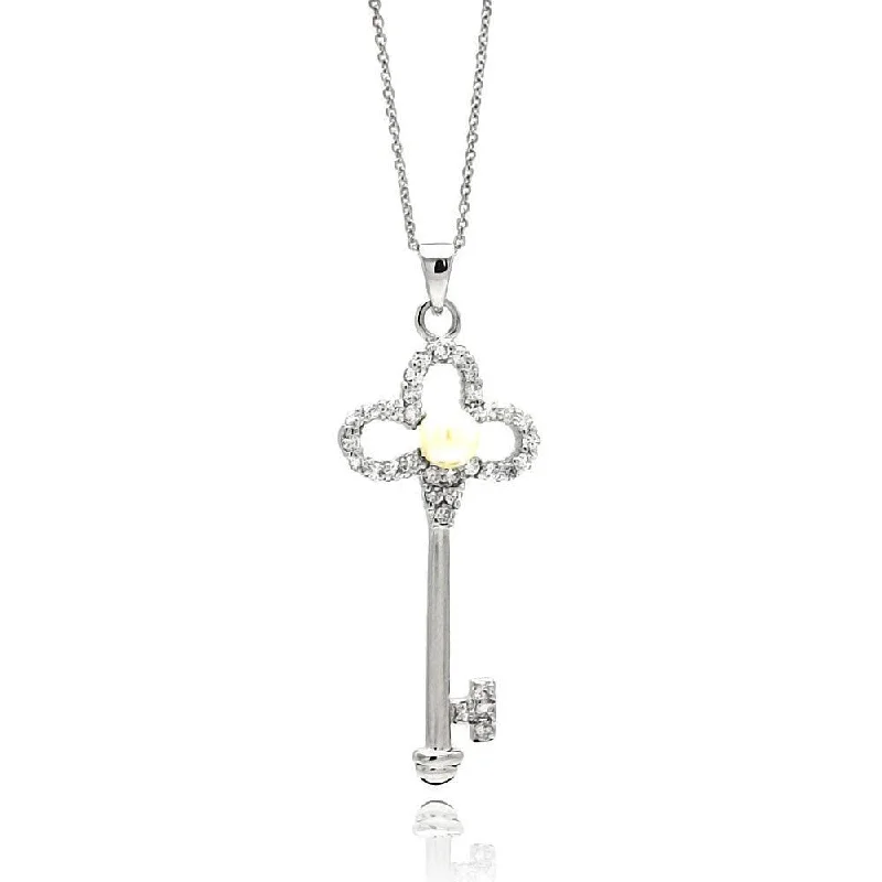 Necklaces and pendants with matching rings for a coordinated set of jewelry-Silver 925 Rhodium Plated Open Flower Key CZ Center Pearl Necklace - BGP00562