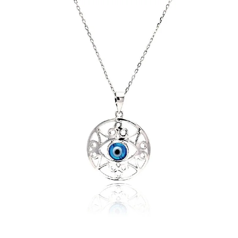 Best necklaces and pendants with floral designs for a feminine and elegant feel-Silver 925 Rhodium Plated Outline Disc Evil Eye CZ Necklace - BGP00461