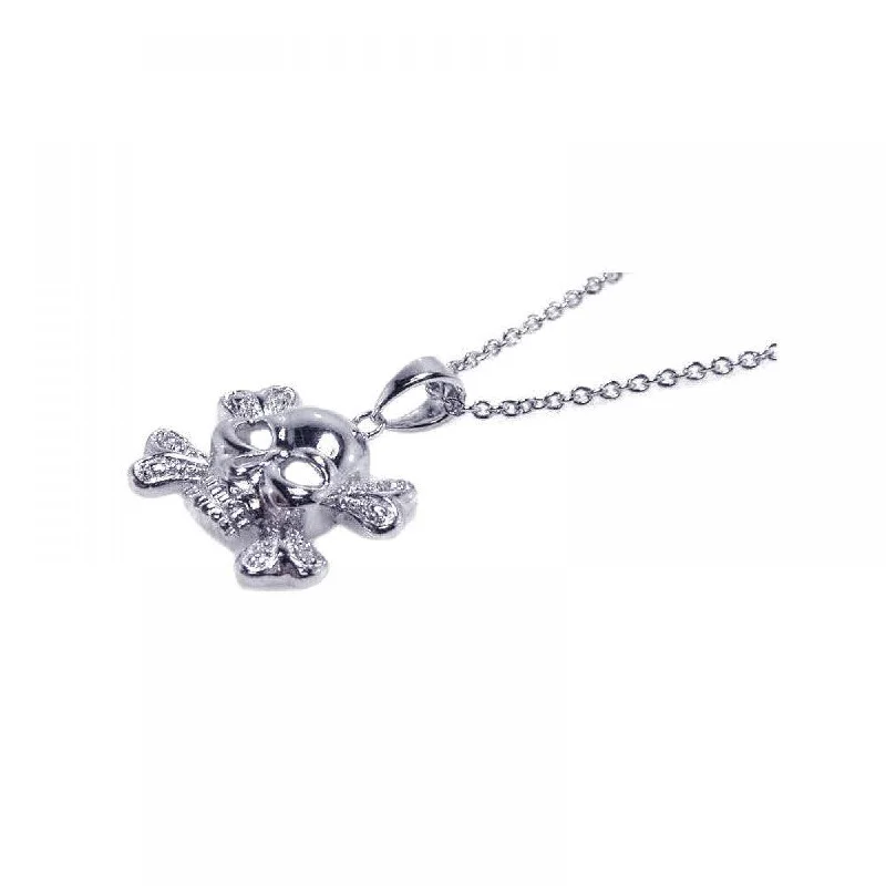 Simple necklaces and pendants with bar pendants for a sleek modern design-Clearance-Silver 925 Clear CZ Rhodium Plated X Skull Pendant Necklace - STP00414