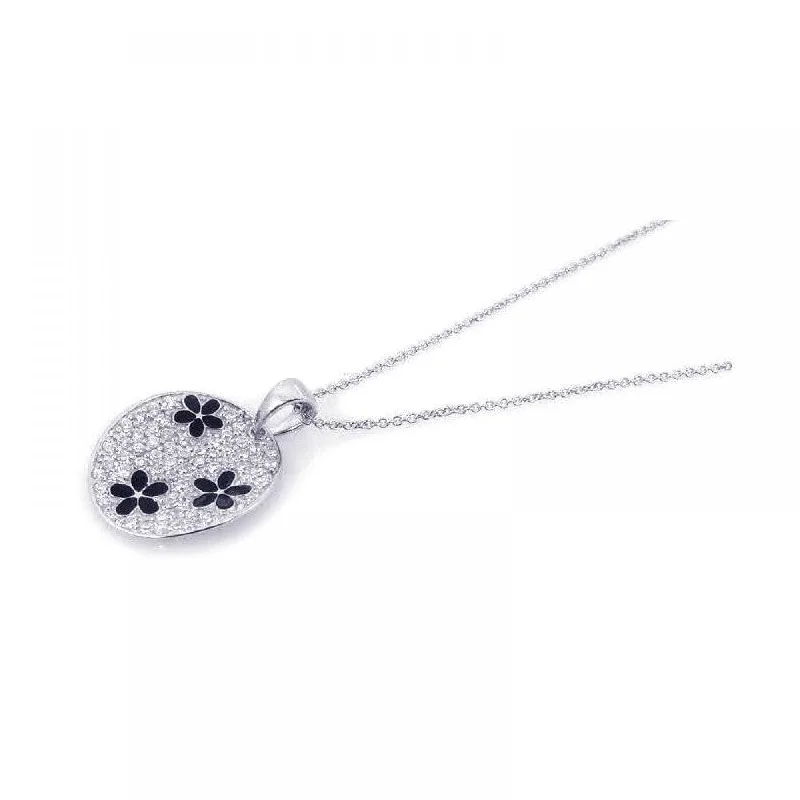 Necklaces and pendants with love knot designs for a romantic, meaningful symbol-Silver 925 Rhodium Plated Clear and Black CZ Flower Circle Pendant Necklace - STP00821