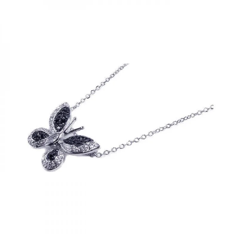 Stunning necklaces and pendants with ruby and diamond combinations for a luxurious effect-Silver 925 Black Clear CZ Rhodium Plated Butterfly Pendant Necklace - BGP00065