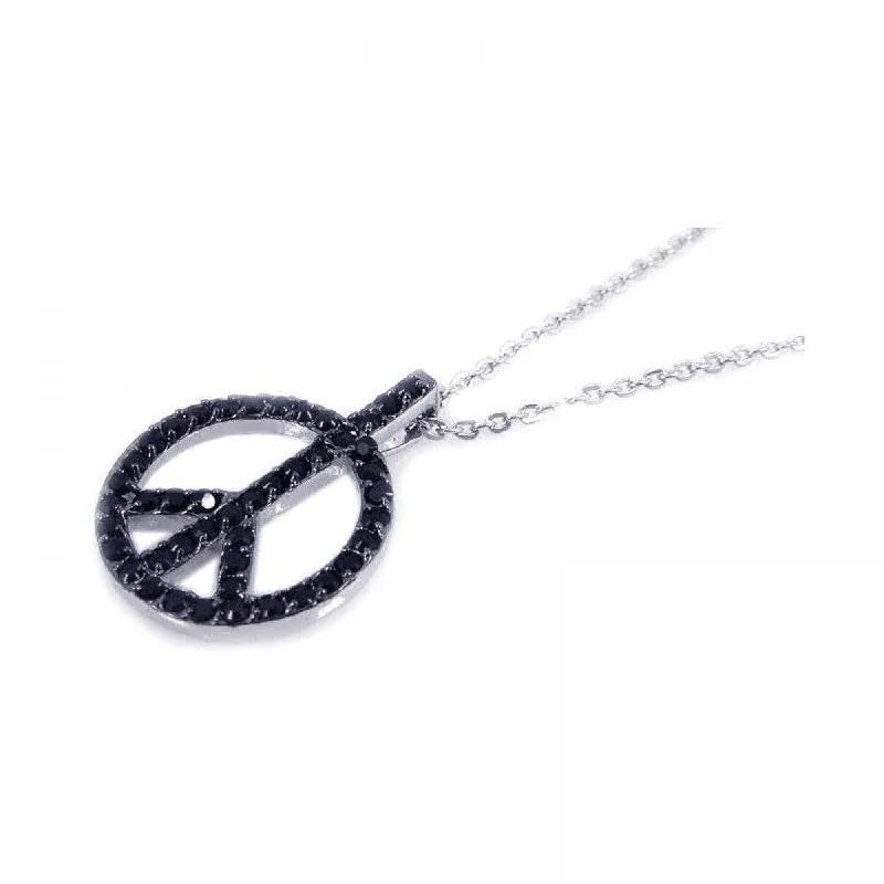 Necklaces and pendants with matching rings for a coordinated set of jewelry-Silver 925 Rhodium Open Black Peace Sign CZ Necklace - BGP00192