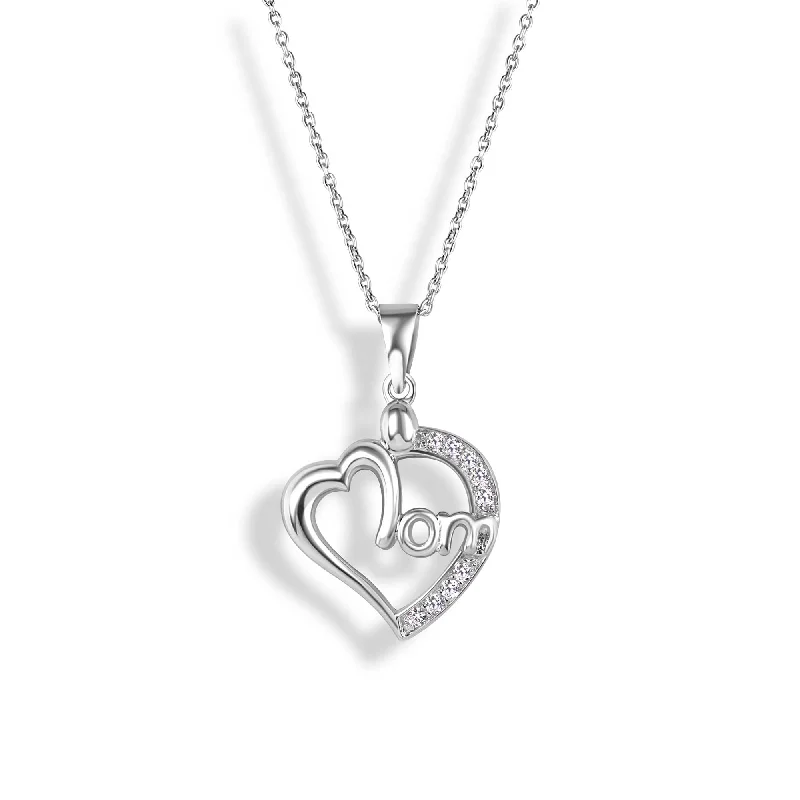 Beautiful necklaces and pendants with tree branch motifs for a nature-inspired design-Silver 925 Clear CZ Rhodium Plated Mom Heart Pendant Necklace - STP00242