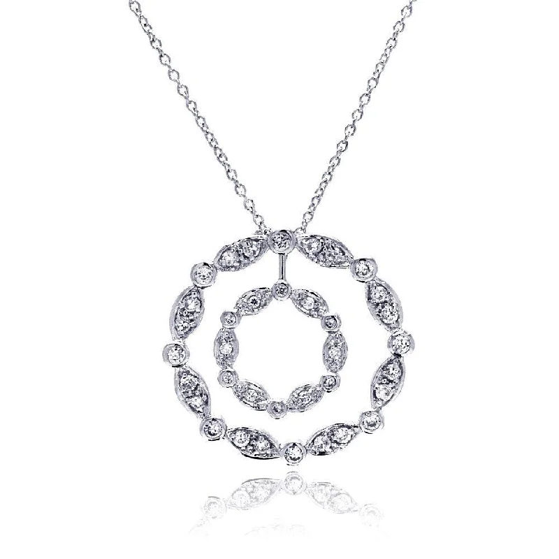 Beautiful necklaces and pendants with layered chains for a fashionable, chic look-Clearance-Silver 925 Clear CZ Rhodium Plated Double Circle Pendant Necklace - STP00357