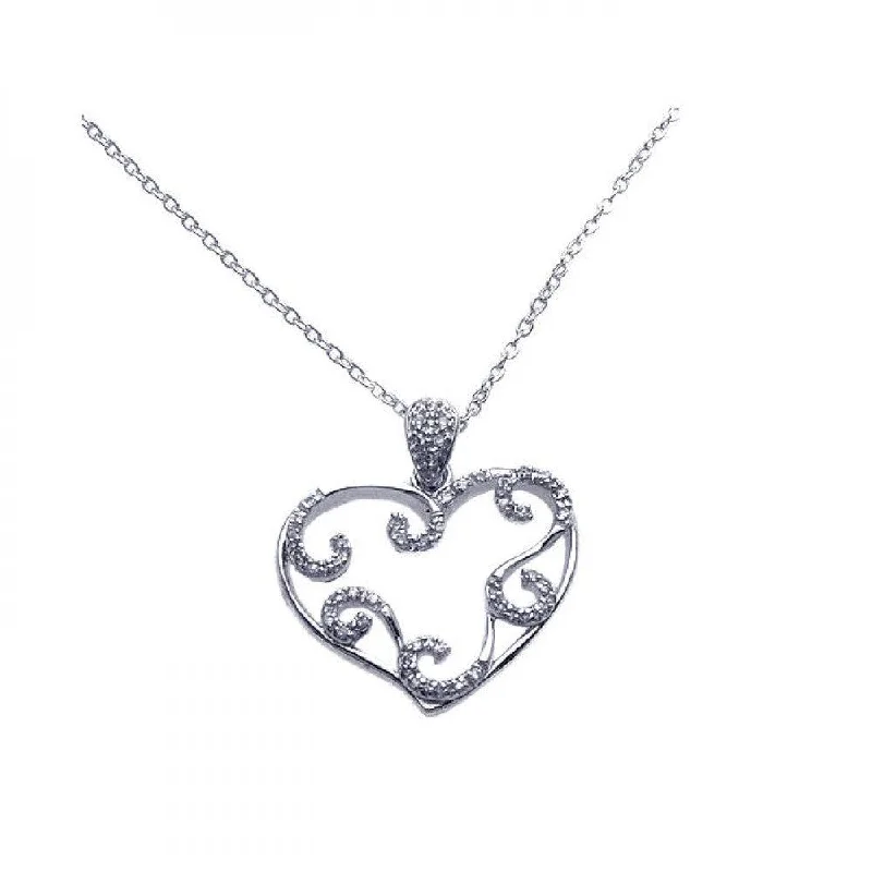 Best necklaces and pendants with heart-shaped lockets for a sentimental keepsake-Silver 925 Rhodium Plated Open Heart Filigree CZ Necklace - BGP00255