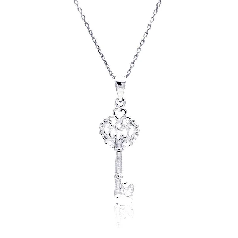 Personalized necklaces and pendants with coordinates for a meaningful location-based gift-Silver 925 Rhodium Plated Open Key CZ Necklace - BGP00434