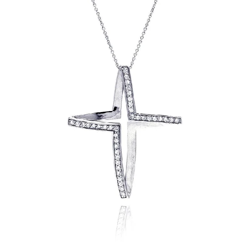 Beautiful necklaces and pendants with gemstone teardrops for an elegant effect-Clearance-Silver 925 Clear CZ Rhodium Plated Fancy Cross Pendant Necklace - STP00015