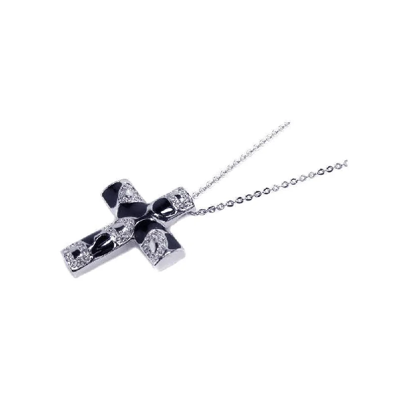 Necklaces and pendants with celestial starburst designs for a radiant look-Clearance-Silver 925 Clear CZ Black Enamel Rhodium Plated Cross Pendant Necklace - BGP00057