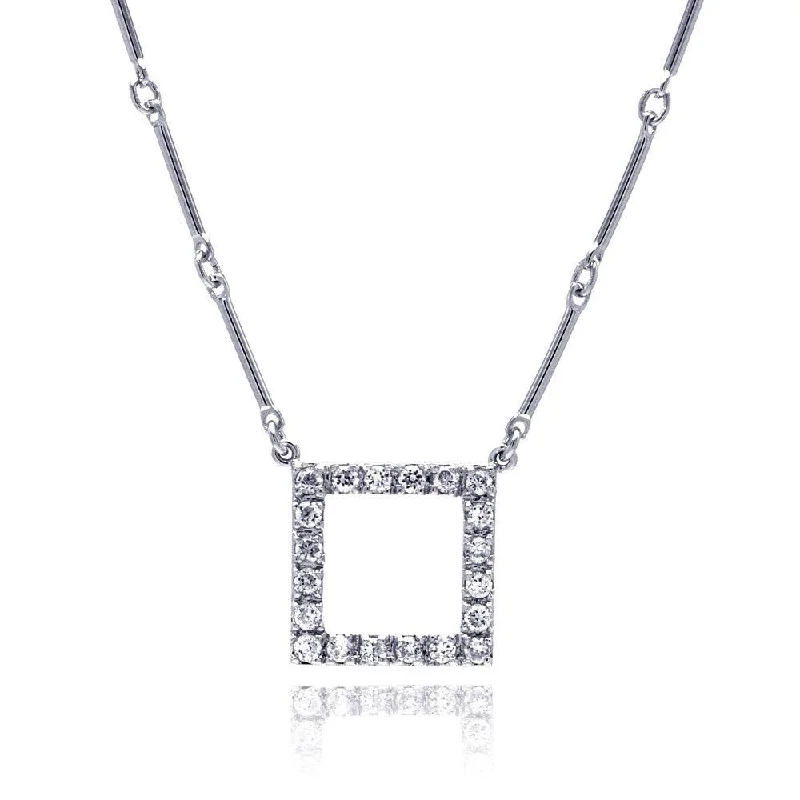 Stunning necklaces and pendants with sapphire gemstones for a luxurious blue hue-Clearance-Silver 925 Rhodium Plated CZ Open Square Pendant Necklace - STP00450