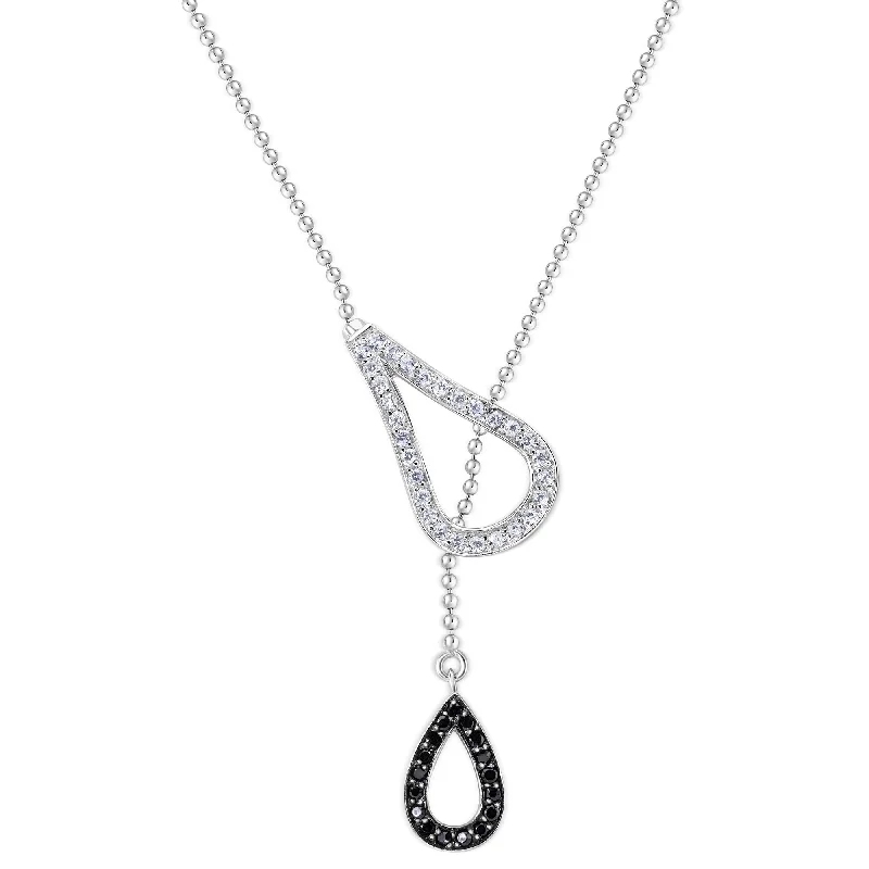 Stunning necklaces and pendants with ruby and diamond combinations for a luxurious effect-Clearance-Silver 925 Rhodium Plated Two Teardrop Black and Clear CZ Wire Dangling Necklace - STP00583