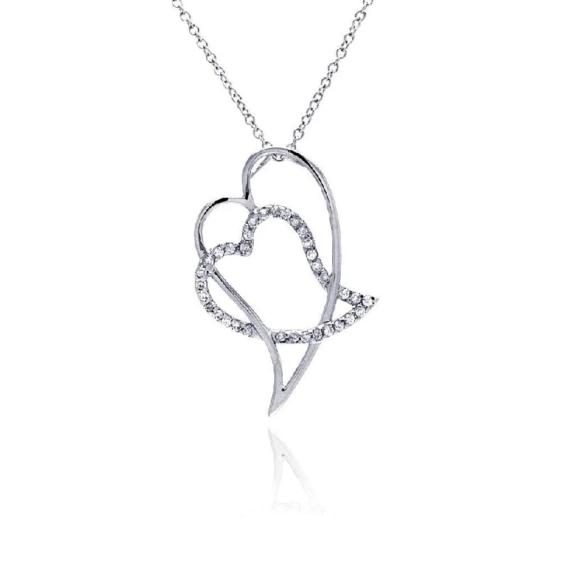 Best necklaces and pendants with layered designs for a chic, stacked look-Clearance-Silver 925 Clear CZ Rhodium Plated Double Heart Pendant Necklace - BGP00047