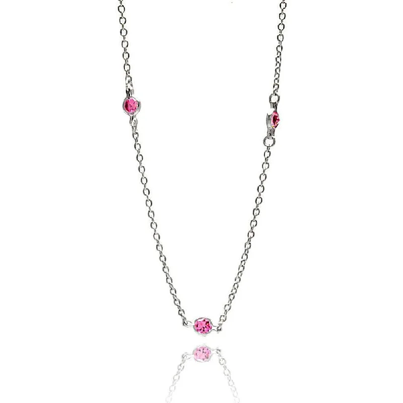 Necklaces and pendants with angel wing motifs for a spiritual, meaningful design-Silver 925 Rhodium Plated Pink CZ By The Yard Necklace - STP00039PNK