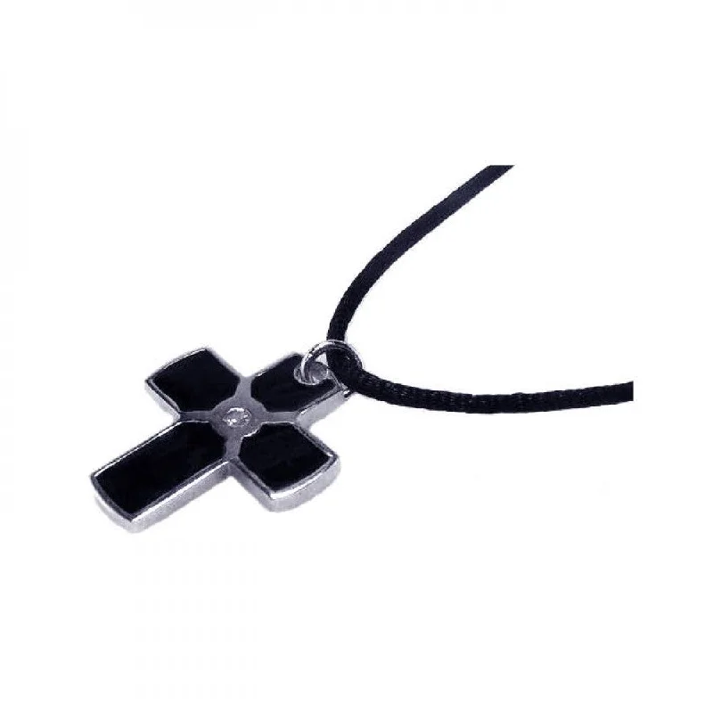 Best necklaces and pendants with adjustable chains for a customizable fit-Silver 925 Rhodium Plated Black Enamel Cross Clear CZ Black Cord Pendant Necklace - BGN00001