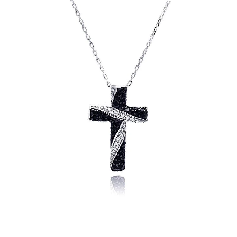 Best necklaces and pendants with sterling silver for an affordable yet stylish choice-Silver 925 Rhodium Plated Black and Clear Cross CZ Necklace - BGP00487