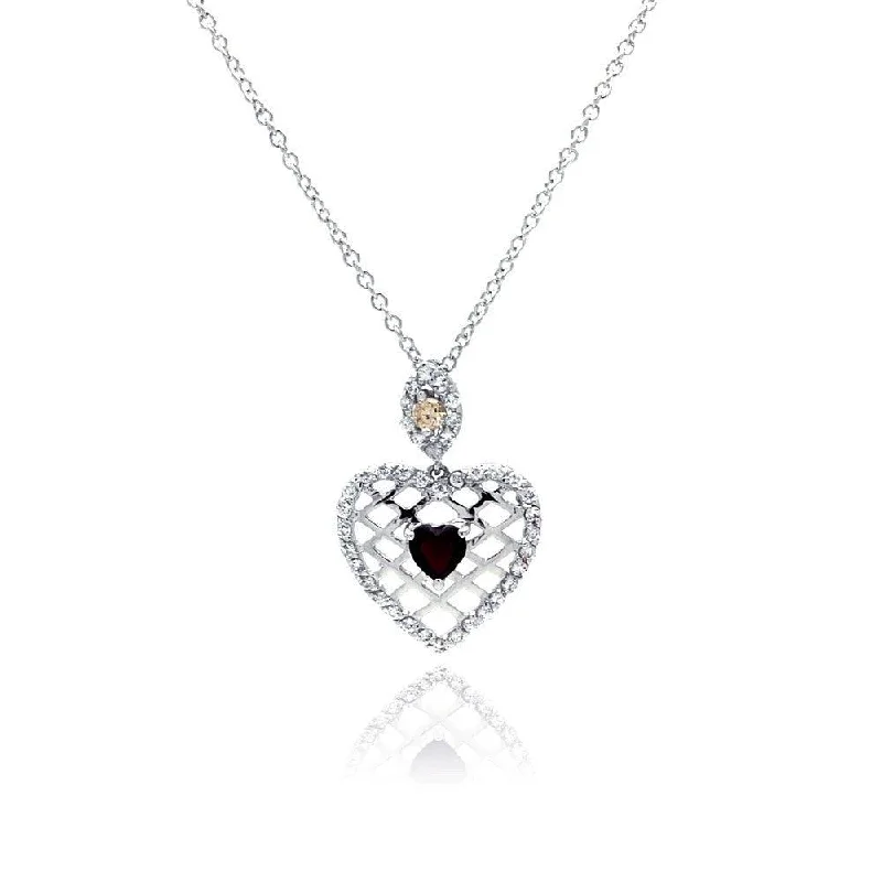 Stunning necklaces and pendants with turquoise and gold for a vibrant, earthy look-Silver 925 Red CZ Rhodium Plated Filigree Heart Pendant Necklace - BGP00072