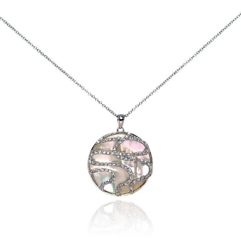 Unique necklaces and pendants with tree of life motifs for nature-inspired elegance-Silver 925 Clear CZ Mother Pearl Rhodium Plated Round Pendant Necklace - BGP00115