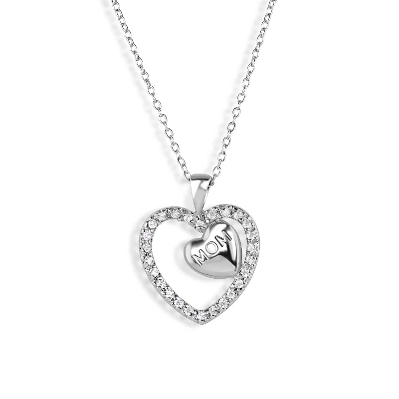 Best necklaces and pendants with adjustable chains for a customizable fit-Silver 925 Rhodium Plated Clear CZ Engraved "Mom" Heart Pendant Necklace - STP00632