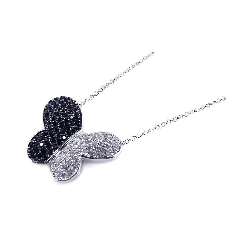 Stylish necklaces and pendants with diamonds for a glamorous and elegant look-Clearance-Silver 925 Black and Rhodium Plated Butterfly CZ Necklace - BGP00169