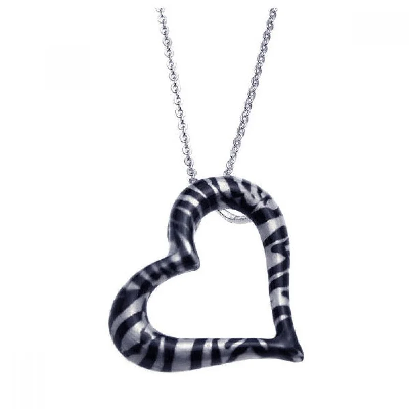 Necklaces and pendants with crescent moon designs for a celestial and mystical feel-Clearance-Silver 925 Rhodium Plated Open Zebra Print Heart CZ Necklace - BGP00239