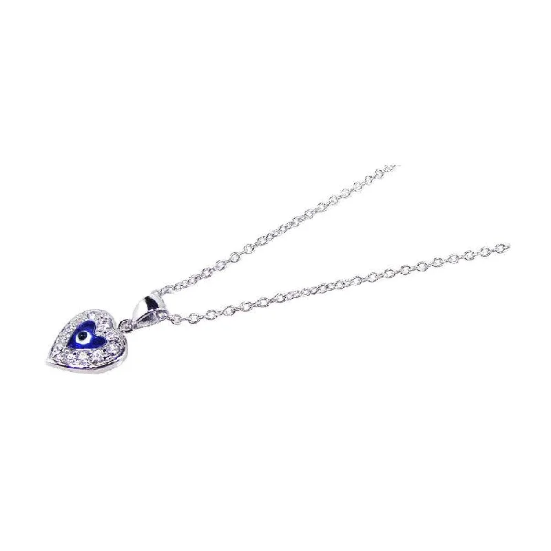 Necklaces and pendants with love knot designs for a romantic, meaningful symbol-Silver 925 Rhodium Plated Clear CZ and Blue Stones Evil Eye Heart Pendant Necklace - STP00612