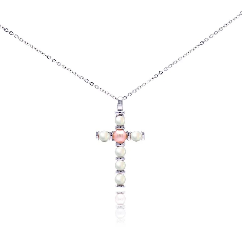 Best necklaces and pendants with layered designs for a chic, stacked look-Silver 925 Rhodium Plated Pearl Cross Necklace - BGP00294