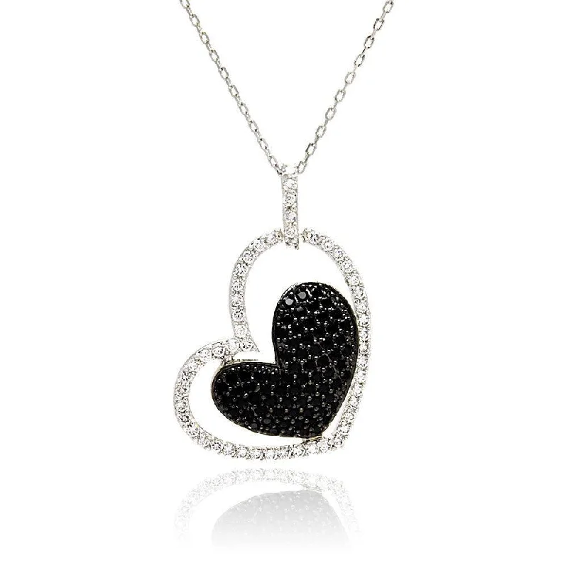 Necklaces and pendants with enamel accents for a colorful, eye-catching appearance-Clearance-Silver 925 Rhodium and Black Rhodium Plated Clear and Black CZ Heart Pendant Necklace - STP00819