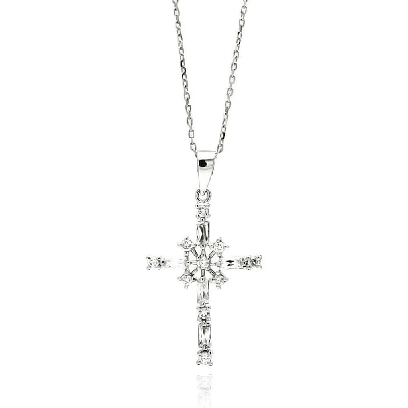 Stunning necklaces and pendants with chakra stones for healing and balance-Silver 925 Rhodium Plated Cross CZ Necklace - BGP00554