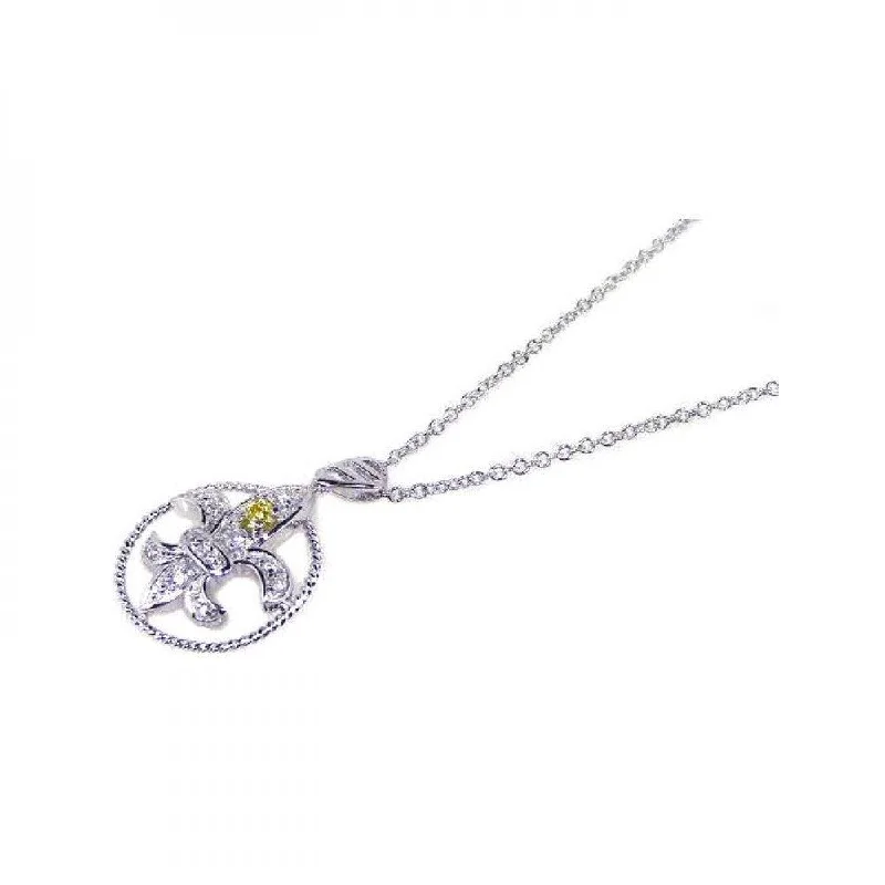 Necklaces and pendants with love knot designs for a romantic, meaningful symbol-Clearance-Silver 925 Yellow Clear CZ Rhodium Plated Fleur Di Lis Pendant Necklace - BGP00073