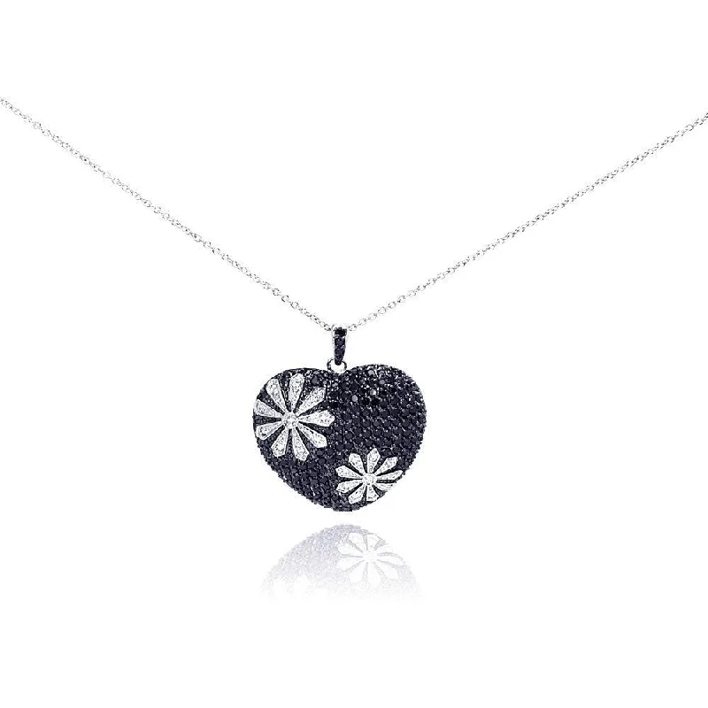 Necklaces and pendants with abstract shapes for a modern, creative appearance-Clearance-Silver 925 Black and Rhodium Plated Flower Design Black Heart CZ Necklace - BGP00175