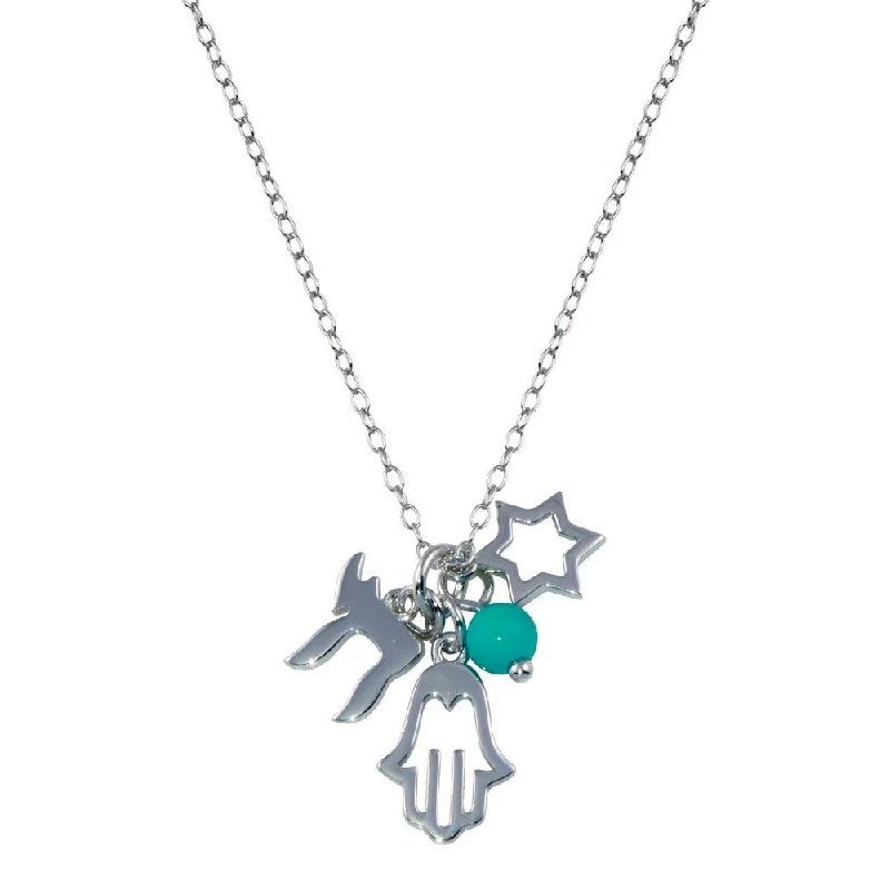 Layered necklaces and pendants for a trendy and fashionable stacked look-Silver 925 Rhodium Plated Clear CZ Hamsa Star Blue Bead Pendant Necklace - STP00710