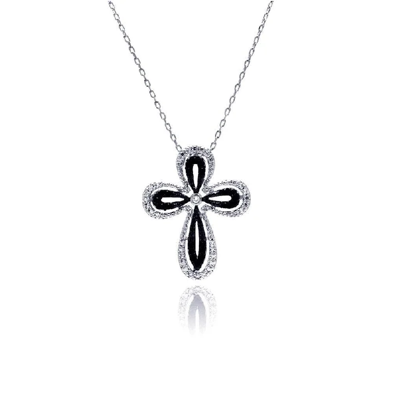 Best necklaces and pendants with heart-shaped designs for a romantic look-Silver 925 Rhodium Plated Open Black and Clear Cross CZ Necklace - BGP00482