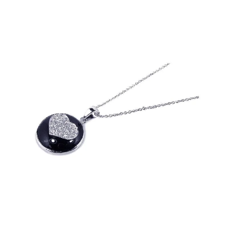 Personalized necklaces and pendants with initials for a customized and meaningful gift-Clearance-Silver 925 Rhodium Plated Clear CZ Heart Black Onyx Pendant Necklace - STP00723